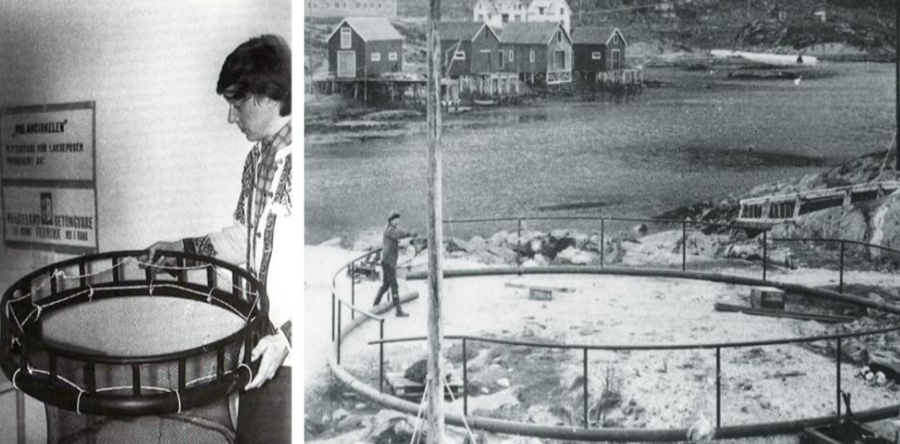 Black-and-white photos from early salmon farming – a cage model and a coastal fish farm facility