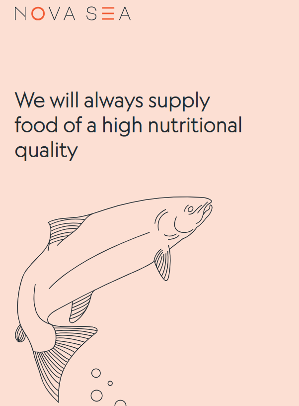 Illustration of a salmon and Nova Sea’s slogan: “We will always supply food of a high nutritional quality,” emphasizing the company’s commitment to healthy and sustainable seafood.