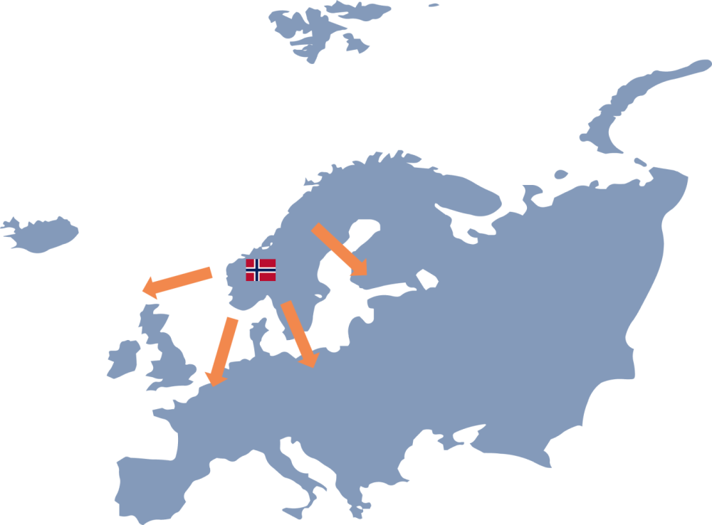 Map of Europe with the Norwegian flag and arrows indicating the export flows of Norwegian seafood products to various European countries.